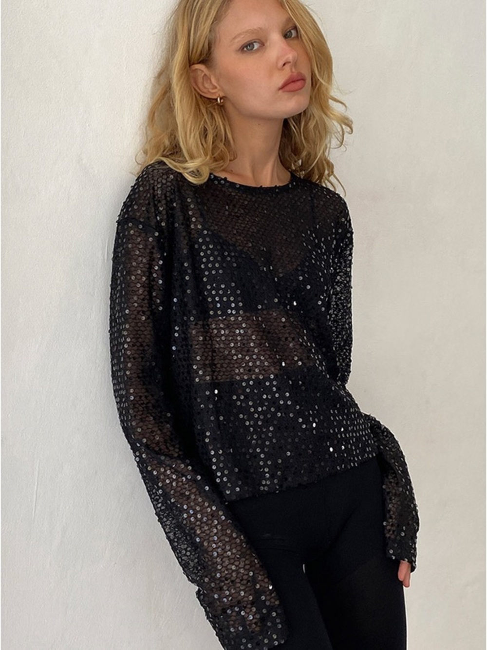 Motel Rocks Black Sequin Long Sleeve Loose Fit Top